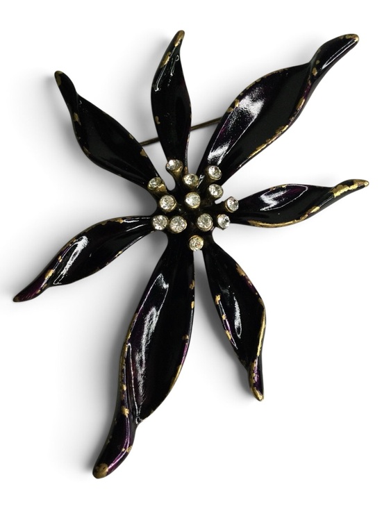 Ben-Amun Jewelry - Vintage Ben-Amun Antiqued Gold-Tone Black-Purple Enamel Floral Rhinestone Brooch
